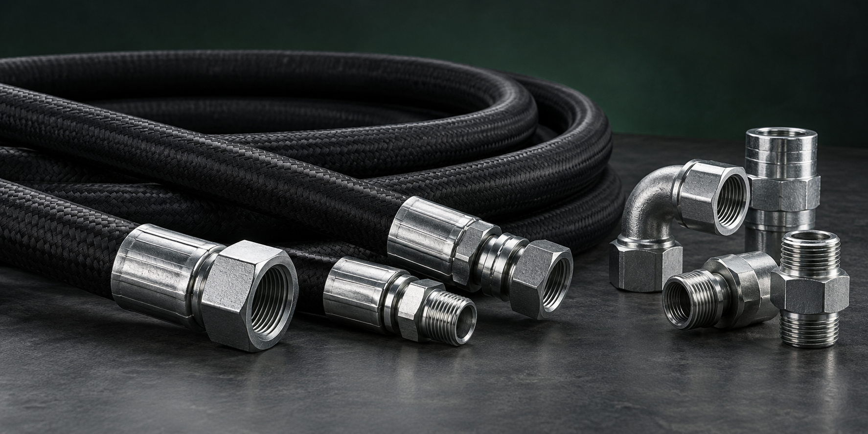 Industrial hydraulic hoses and steel fittings